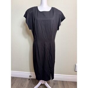 J B Wright Dress Black Size 14 Back Zip Front Slit Shoulder Pads Short Sleeve